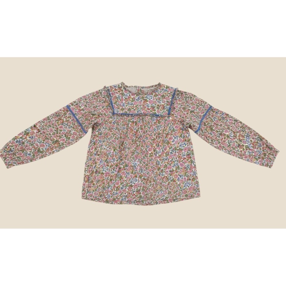 Boden Girls Floral Long Sleeve Blouse Pink Blue Velvet Trim Cotton Size 13-14Y